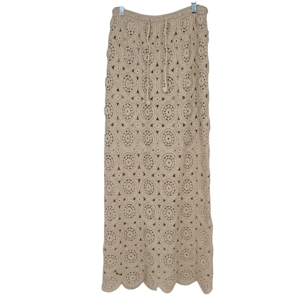 Solitaire Tan Crochet Medallion Maxi Skirt Slit Beige Large Boho Beachy